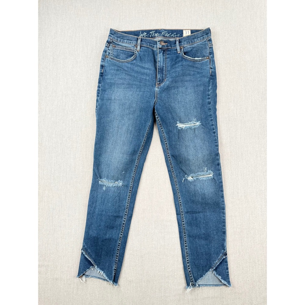 We The Free Free People Distressed High Rise Tulip Hem Skinny Jeans Blue Size 31
